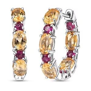 Brazilian Citrine and Rhodolite Garnet Art Deco Hoop Earrings